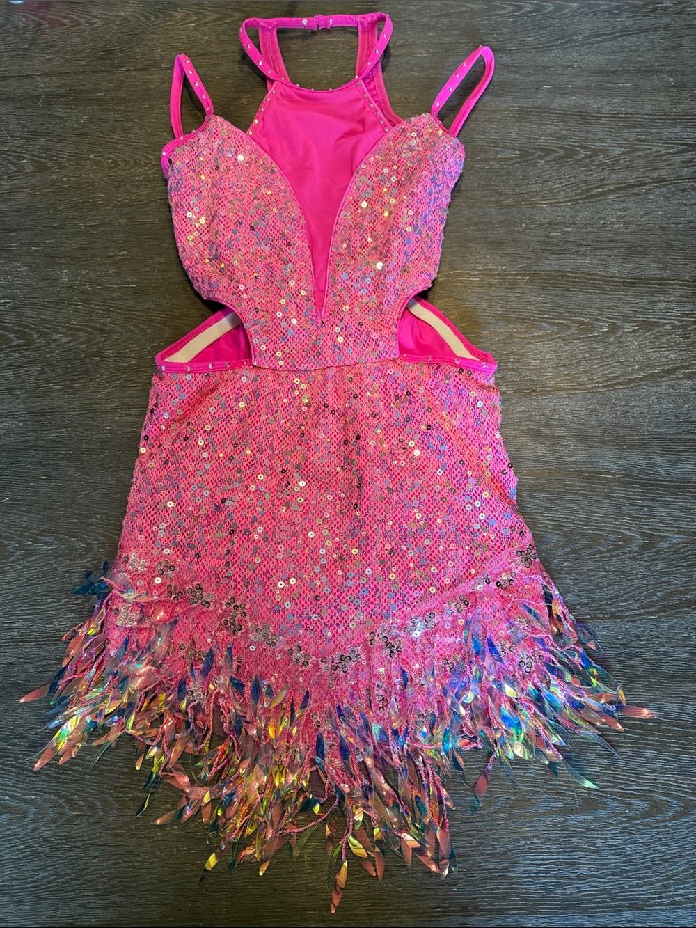 Pink Sequin Girls' Dance Costume with Iridescent Fringe